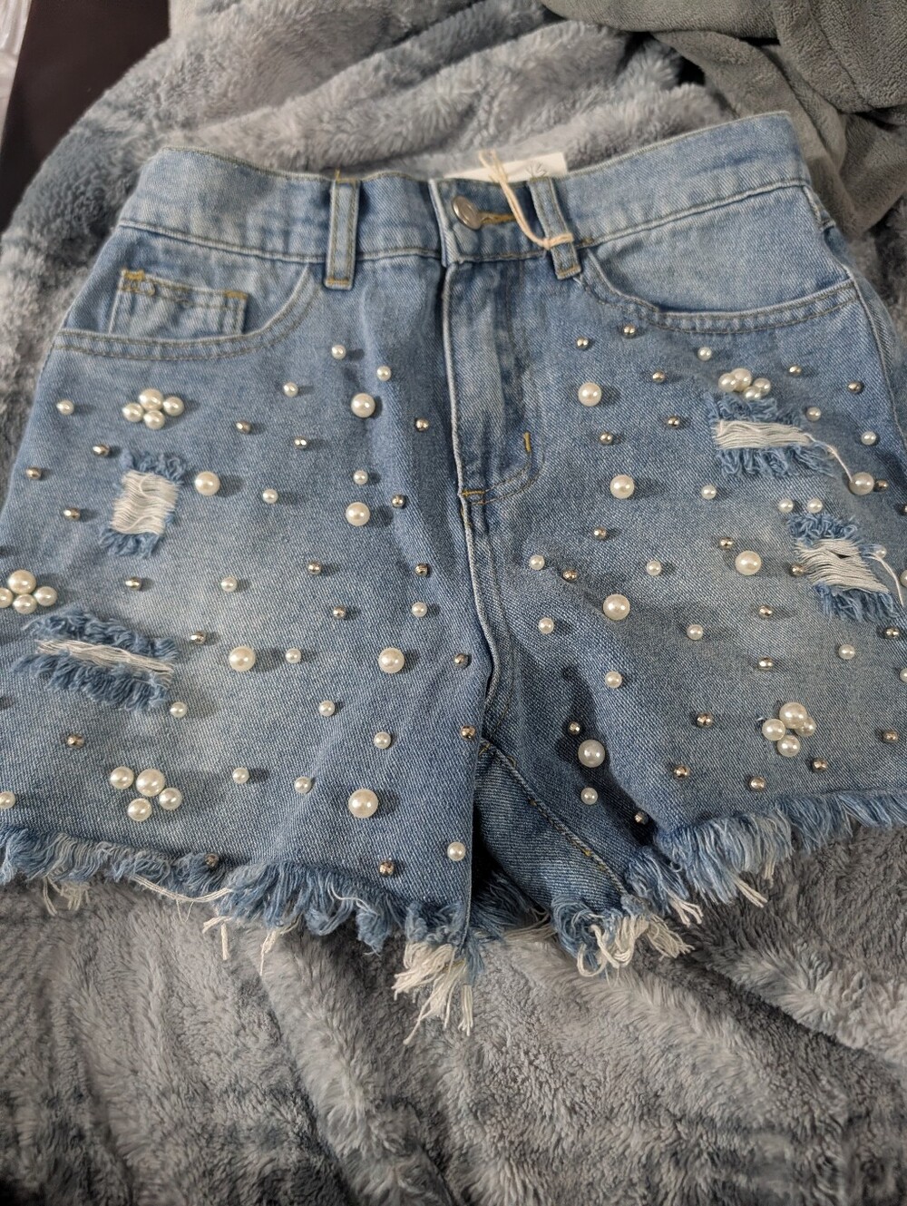 NWT P.cill Pearl-Embellished Light Blue Denim Shorts Size Xs